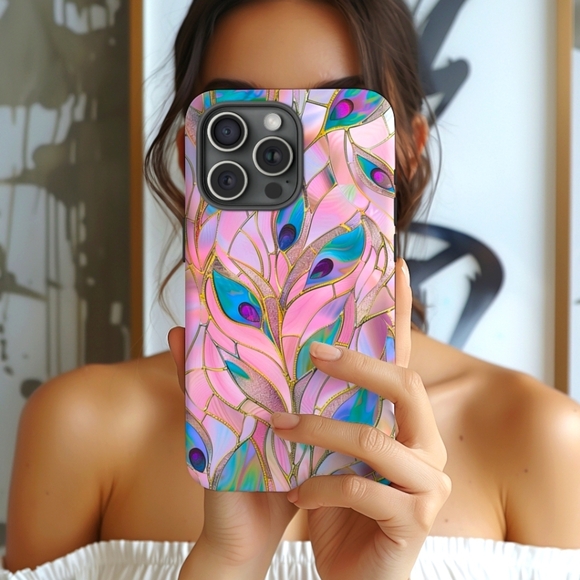 Peacock Feathers Glass IPhone 16,15,14,13 (Pro Max,Pro,Plus) Cell Phone Case - Picture 1 of 7